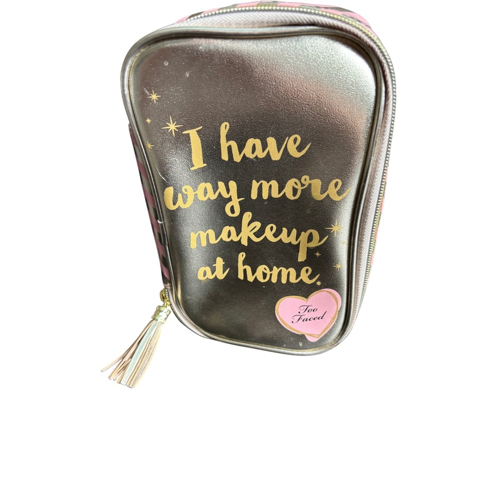 Too Faced Makeup Bag Gold Pink Striped Tassel Zipper Pouch Cosmetic Case Travel
